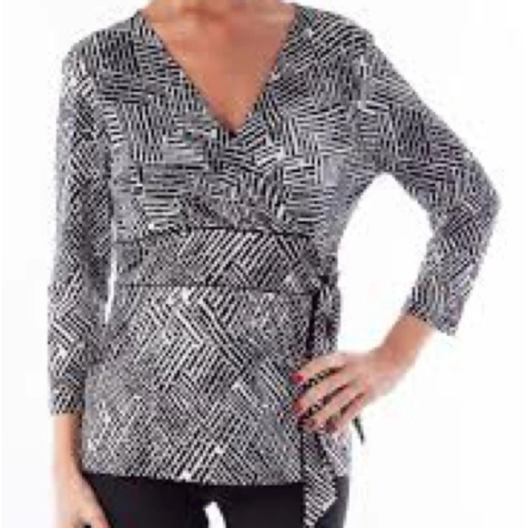 Ann Taylor Blouse Women's Size Large 3/4 Sleeve Stretch Black White Geometric - Picture 1 of 12